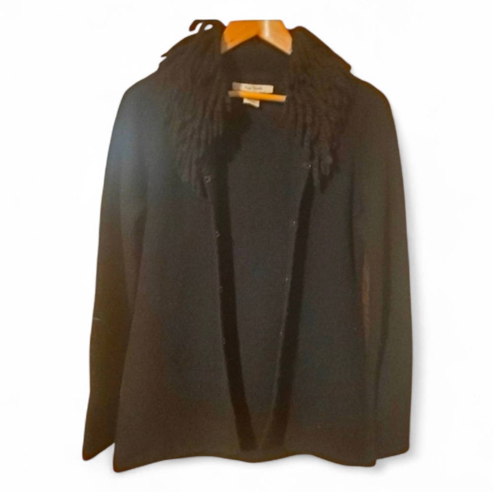 FREE PEOPLE Vintage Black Wool Blend Fringe Collar Jacket - Medium